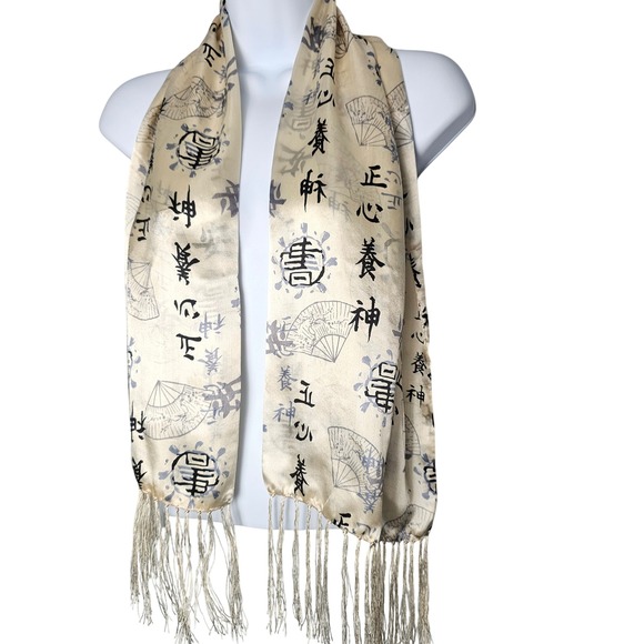 Unbranded Accessories - Silk Scarf Unisex Cream Black Calligraphy Fan Print Fringe Wrap Neutral Academia